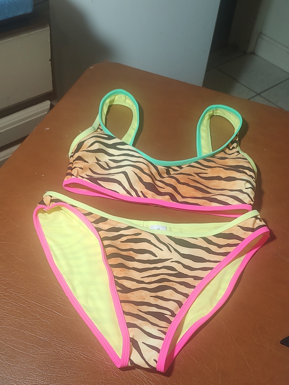 Women's Tiger Print Bikini with Neon Trim - Yellow & Pink New Medium